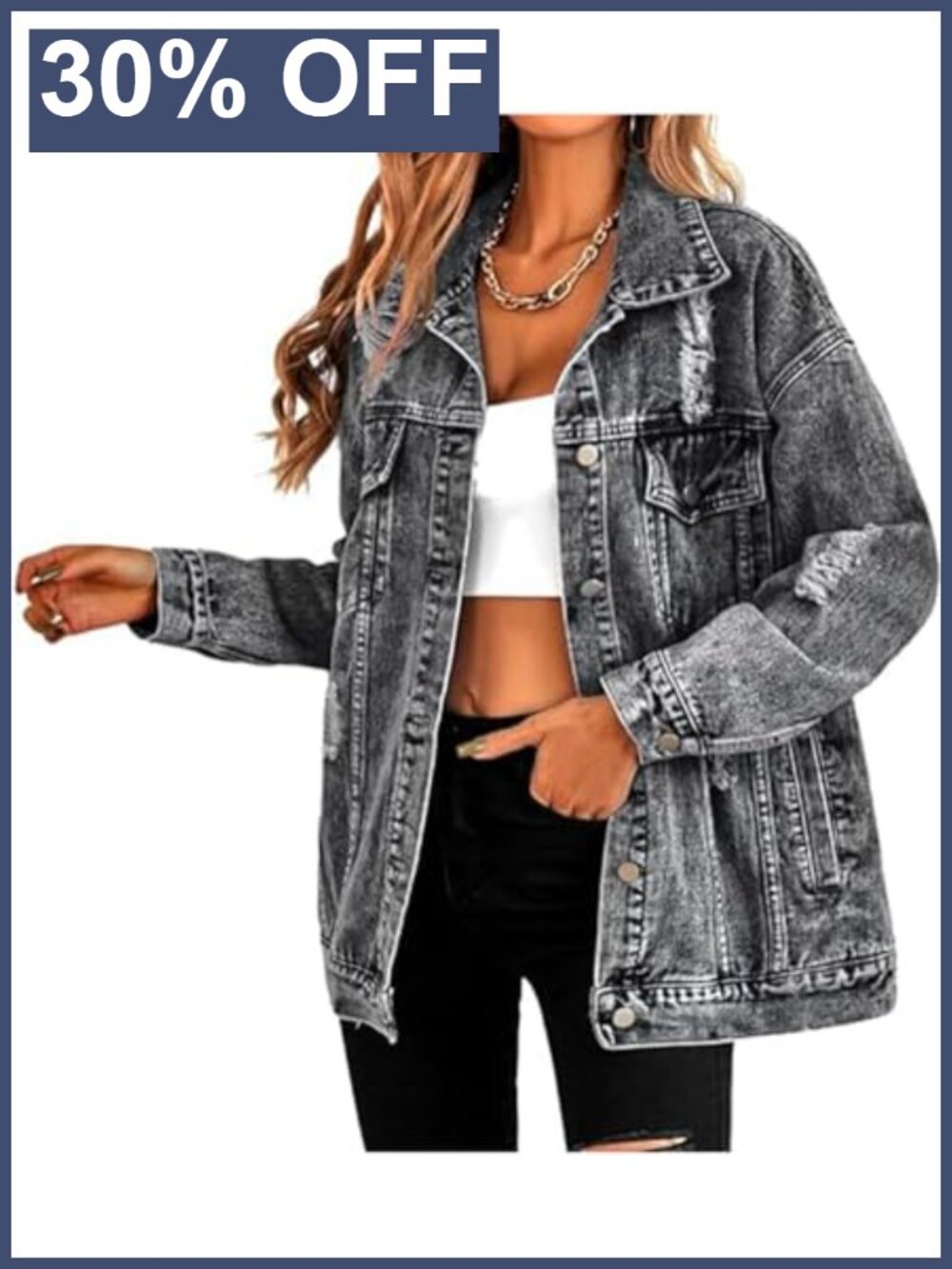 Oversized Distressed Denim Jacket Boyfriend Fit Ripped Jean Coat